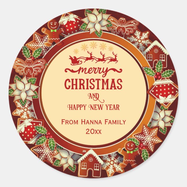 Gingerbread & Poinsettia Holiday  | Custom Family Classic Round Sticker (Front)