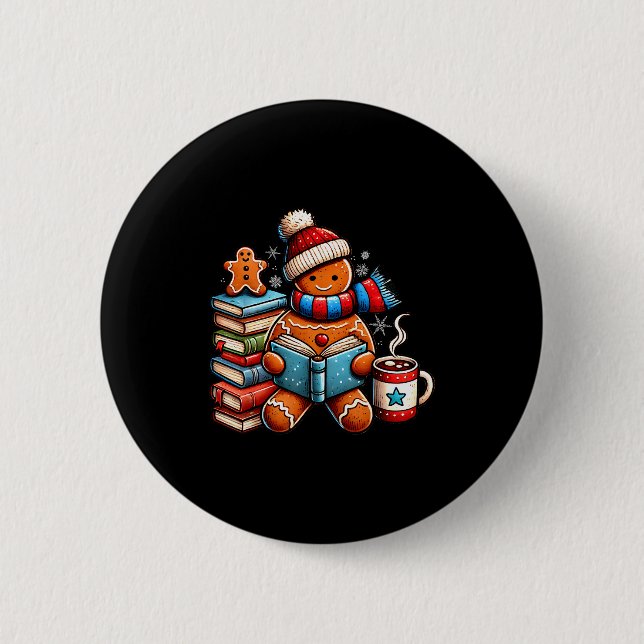 Gingerbread Reading Book Lovers Christmas Bookworm 6 Cm Round Badge (Front)