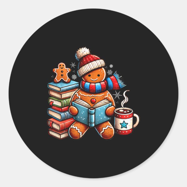 Gingerbread Reading Book Lovers Christmas Bookworm Classic Round Sticker (Front)