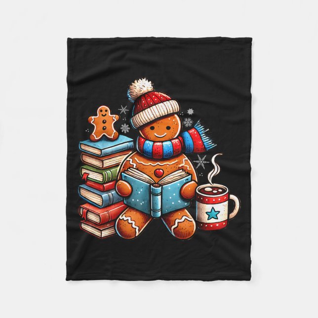 Gingerbread Reading Book Lovers Christmas Bookworm Fleece Blanket (Front)