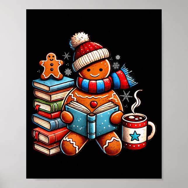 Gingerbread Reading Book Lovers Christmas Bookworm Poster (Front)
