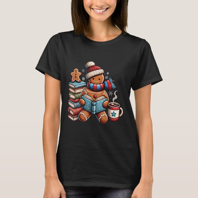 Gingerbread Reading Book Lovers Christmas Bookworm T-Shirt (Front)