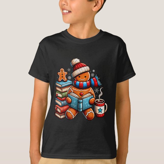 Gingerbread Reading Book Lovers Christmas Bookworm T-Shirt (Front)