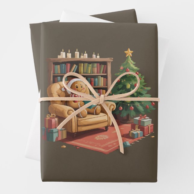 Gingerbread Reading Books Christmas Teacher  Wrapping Paper Sheet (In situ)