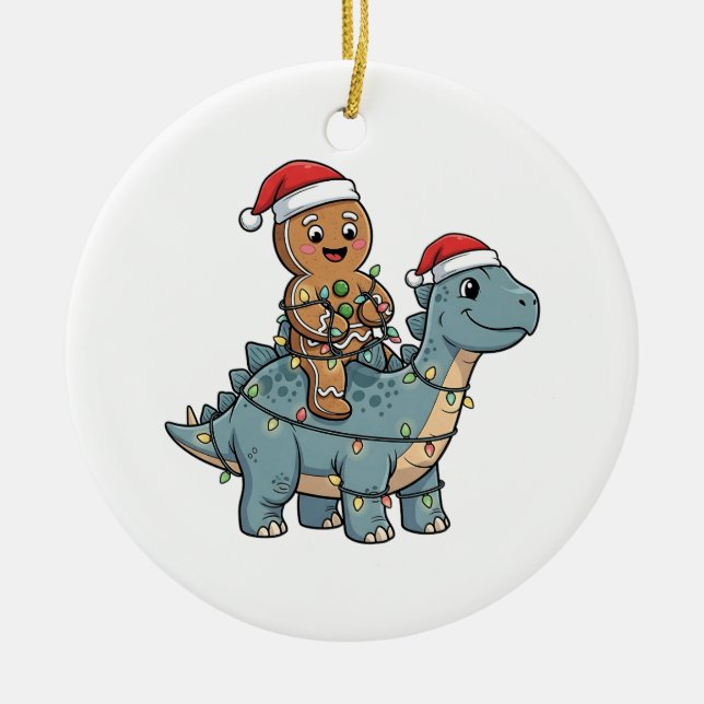 Gingerbread Riding A Dinosaur Santa Christmas Ceramic Tree Decoration (Front)