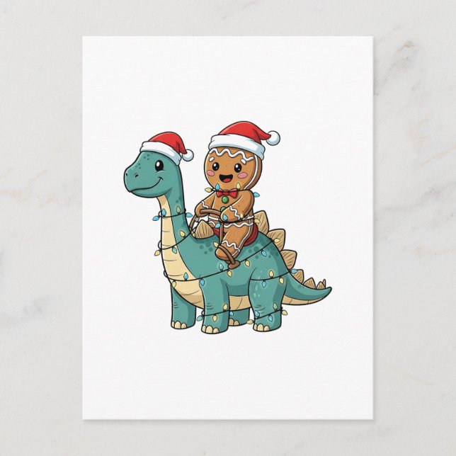Gingerbread Riding A Dinosaur Santa Christmas  Invitation Postcard (Front)
