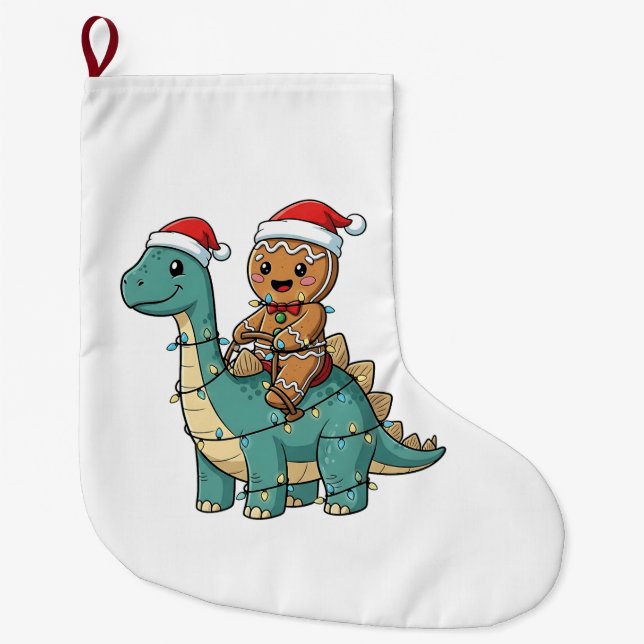 Gingerbread Riding A Dinosaur Santa Christmas  Large Christmas Stocking (Front)