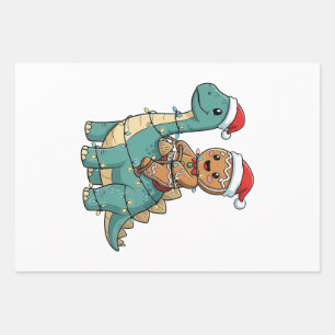 Gingerbread Riding A Dinosaur Santa Christmas Wrapping Paper Sheet