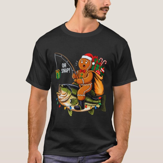 Gingerbread Riding B Fish Christmas Fishing Xmas P T-Shirt (Front)
