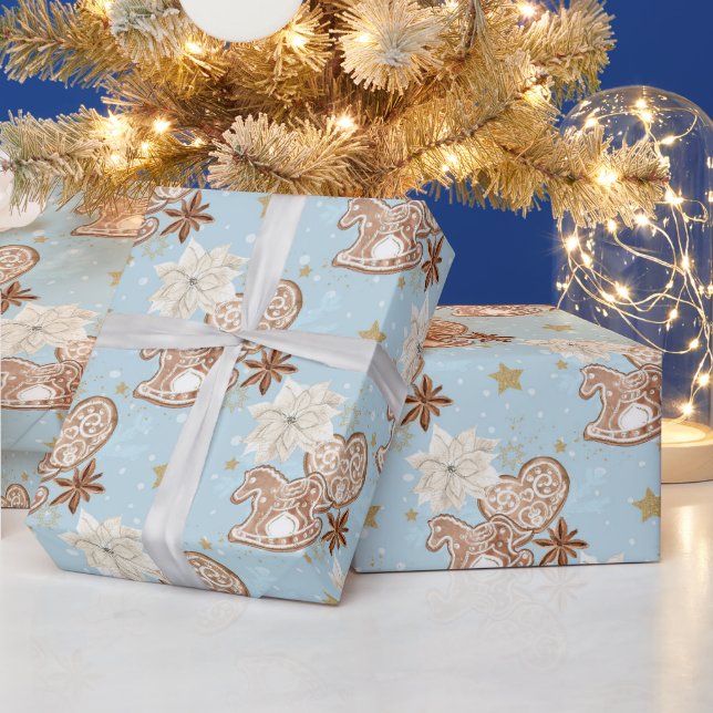 Gingerbread Rocking Horse Pattern on Blue Wrapping Paper (Holidays)
