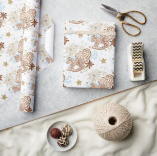 Gingerbread Rocking Horse Pattern on White Wrapping Paper