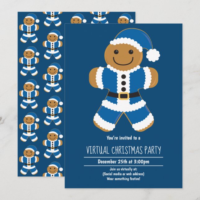 Gingerbread Santa Blue Virtual Christmas Party Invitation (Front/Back)