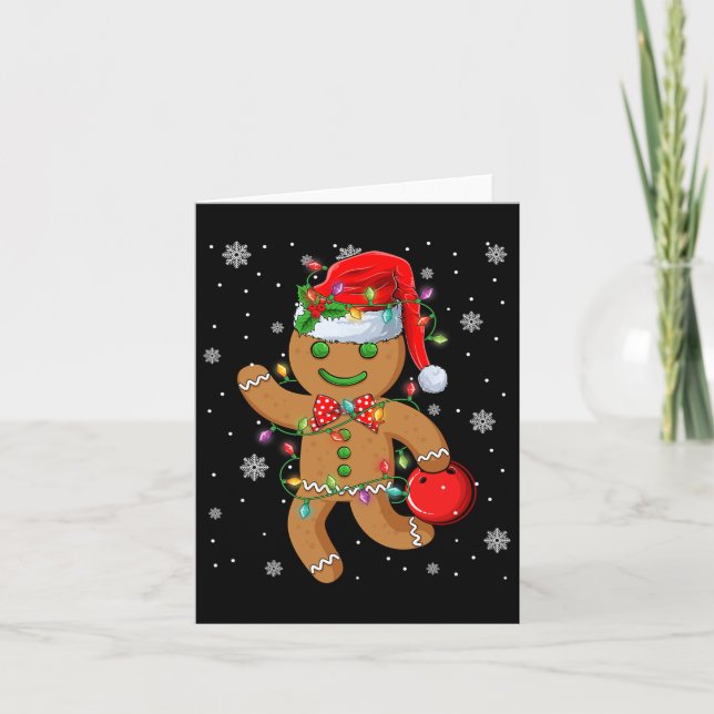 Gingerbread Santa Hat Playing Bowling Christmas Tr Card (Front)