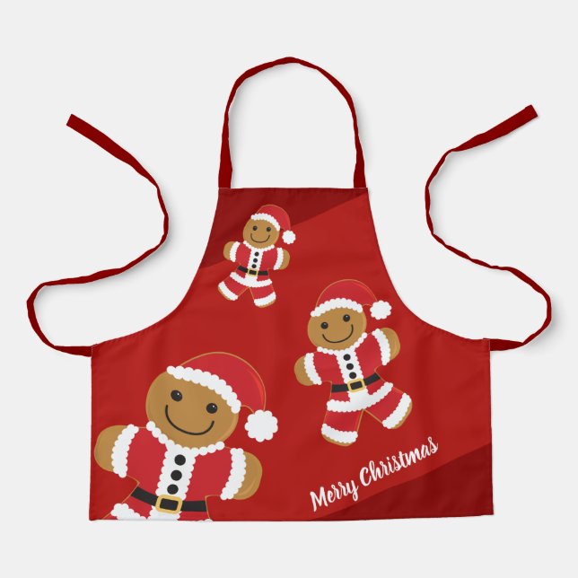 Gingerbread Santa Red Merry Christmas Cartoon Apron (Front)
