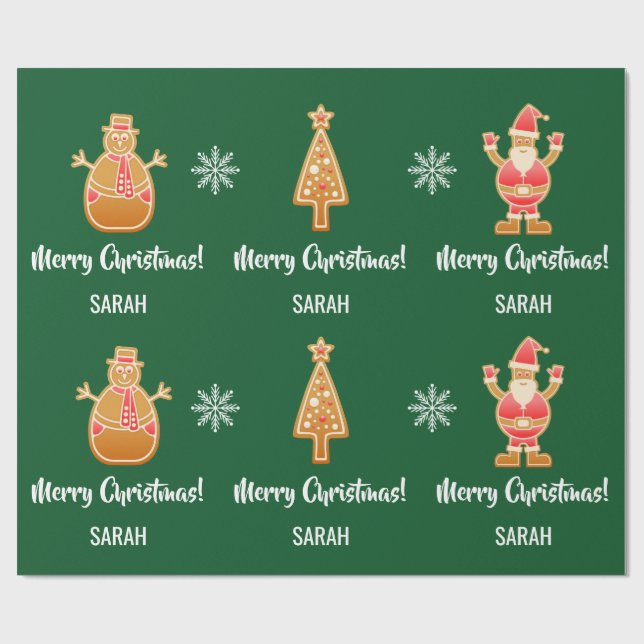 Gingerbread Santa Xmas Tree Snowman Personalise Wrapping Paper (Flat)