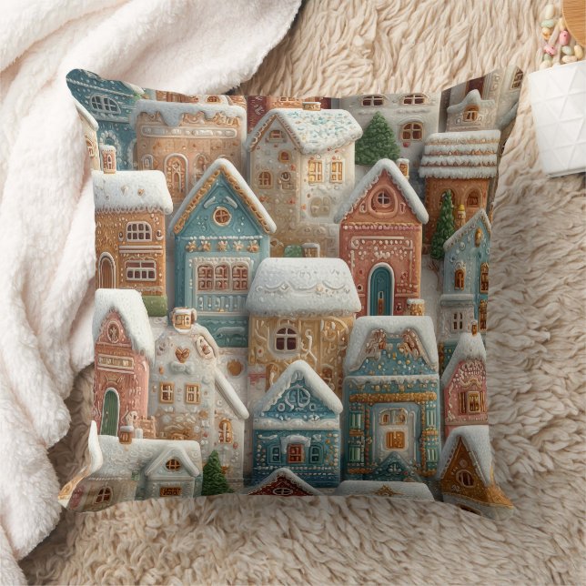 Gingerbread Snow Frosted Village Cushion (Blanket)