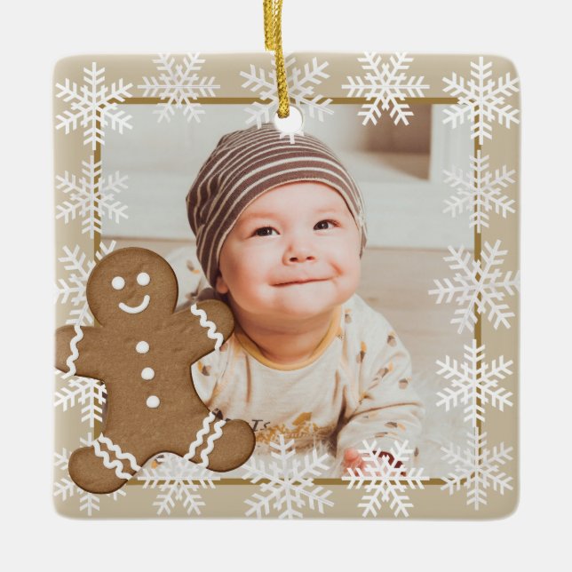Gingerbread Snowflake Christmas Holiday Kid Photo  Ceramic Ornament (Front)