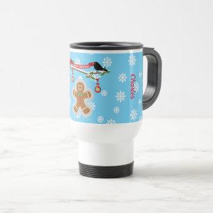Gingerbread, Snowflakes and Birds Add Name Travel Mug