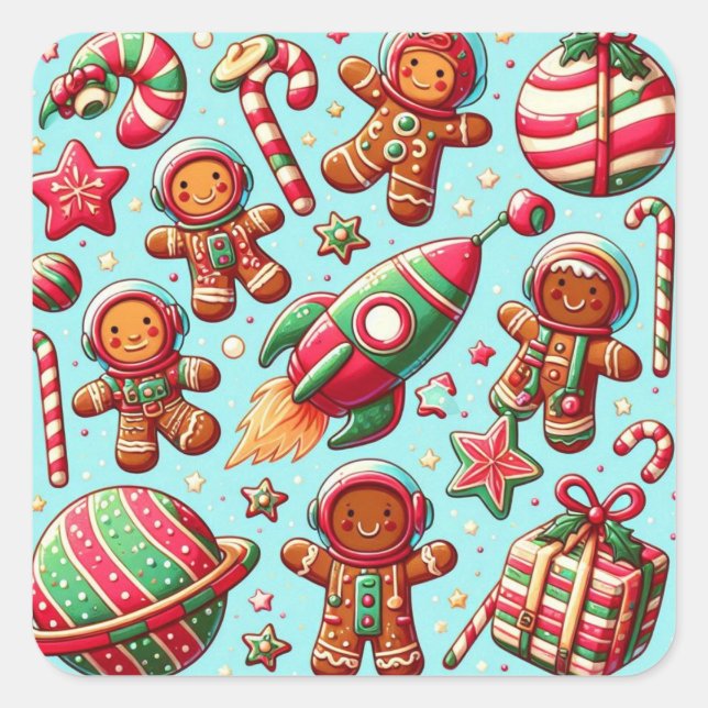 Gingerbread spaceship christmas square sticker (Front)