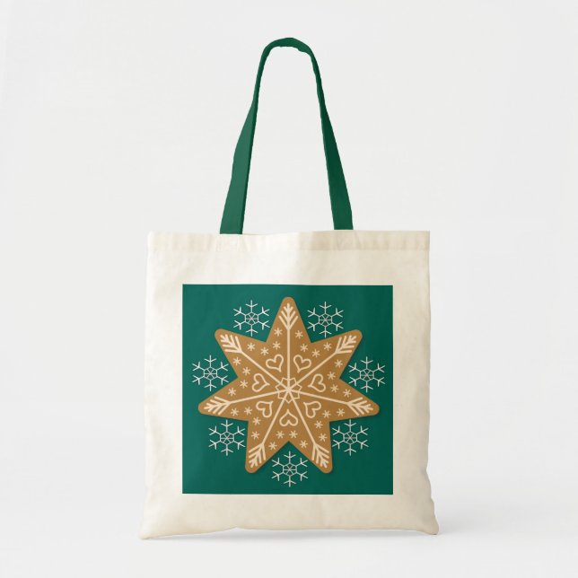 Gingerbread Star and Snowflakes Christmas Tote Bag (Front)