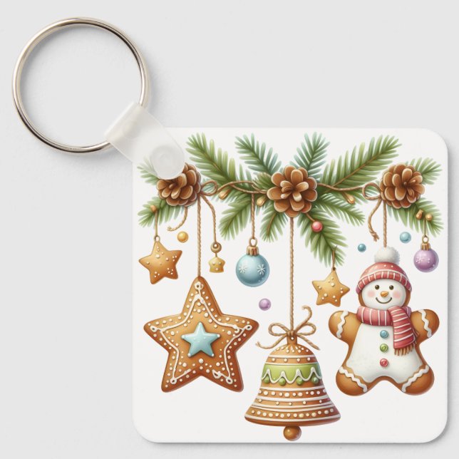 Gingerbread Star, Bell, Snowman Key Ring (Front)