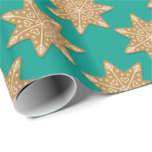 Gingerbread Star Cookies Pattern Green Wrapping Paper