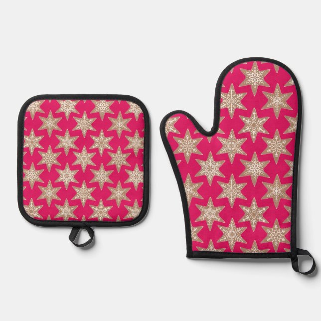 Gingerbread Stars Christmas (Festive Red) Oven Mitt & Pot Holder Set (Front)