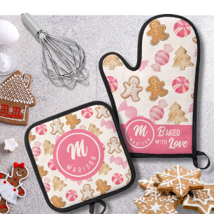 Gingerbread & Sugarplum Monogram Oven Mitt & Pot Holder Set