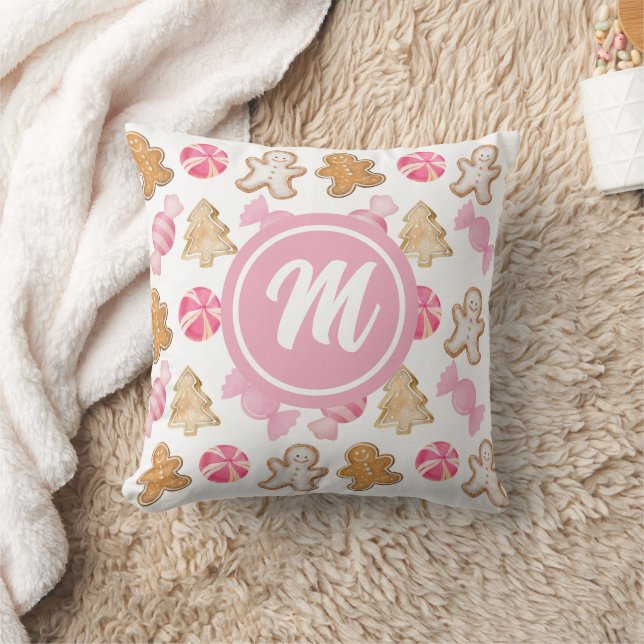 Gingerbread & Sugarplum Pink Monogram Pattern Cushion (Blanket)