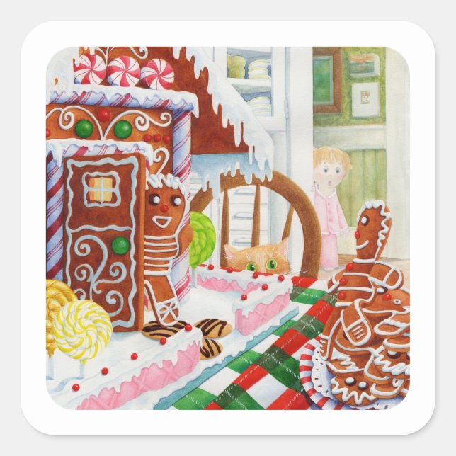 GINGERBREAD SURPRISE Small Square Stickers (Front)