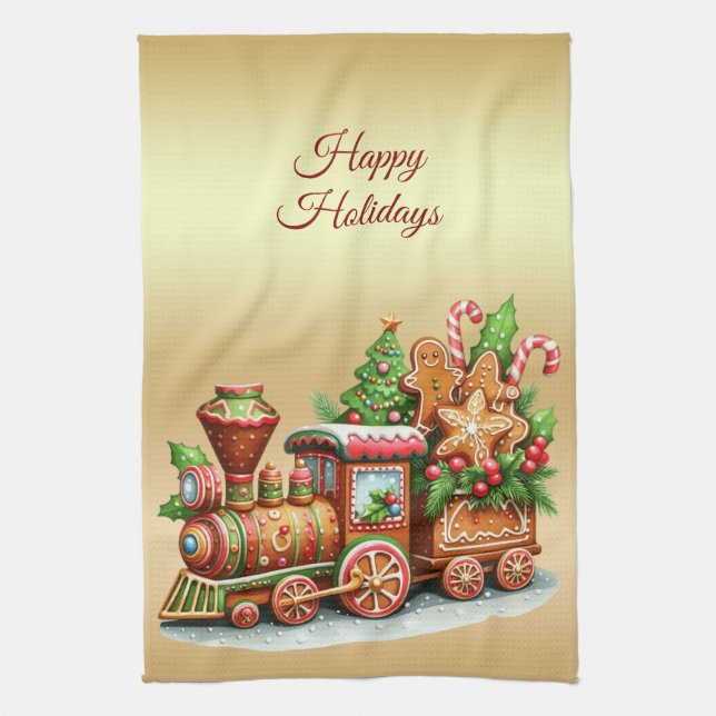 Gingerbread Train Holiday Kitchen Towel (Vertical)