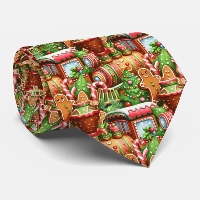 Gingerbread Train Holiday Neck Tie (Rolled)