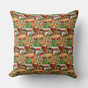 Gingerbread Train Holiday Throw Pillow