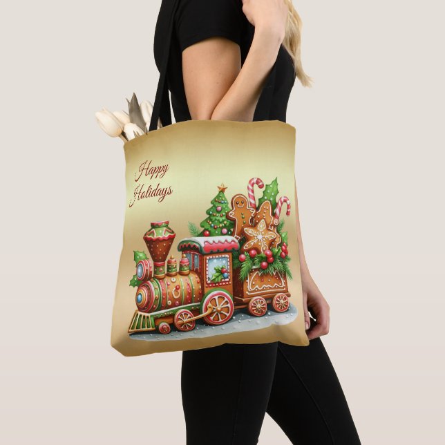 Gingerbread Train Holiday Tote Bag (Close Up)