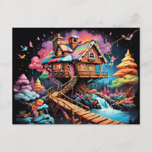 Gingerbread tree house pschedelic christmas holiday postcard