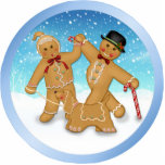 Gingerbread Trio Ornament Photo Sculpture Decoration<br><div class="desc">Fun trio features a round ornament with a gingerbread girl,   boy and gingerbread dog on a leash. The background is a winter scene with snow covered ground and snowflakes. Cute and unique tshirts,  gifts and other apparel with this design.</div>