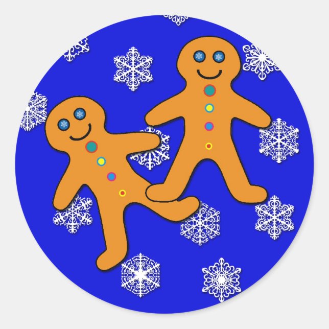 Gingerbread Twins on Snowflake Background Classic Round Sticker (Front)