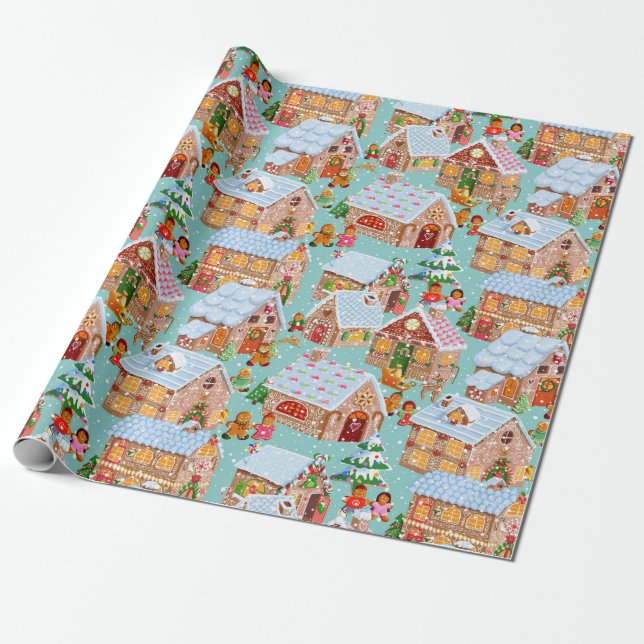 Gingerbread Village (aqua) Wrapping Paper (Unrolled)