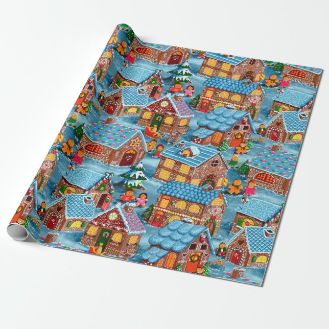 Gingerbread Village on Christmas Eve Wrapping Paper (Unrolled)