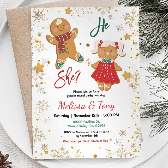 Gingerbread Winter Gold Snowflakes Gender Reveal  Invitation (Creator Uploaded)