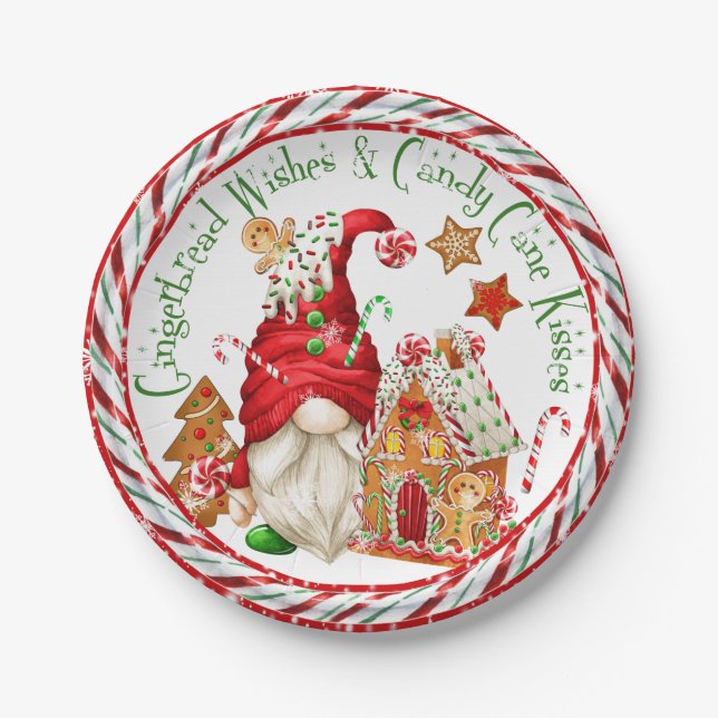 Gingerbread Wishes and Candy Cane Kisses Paper Plate (Front)