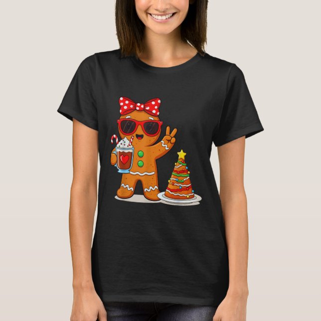 Gingerbread Women Drinking Coffee Christmas Tree C T-Shirt (Front)