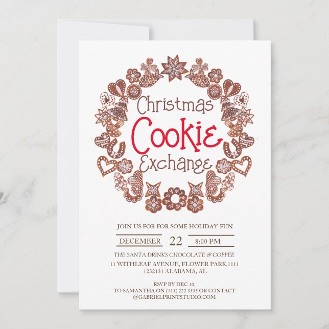 Gingerbread Wreath Christmas Cookie Exchange Invitation (Front)