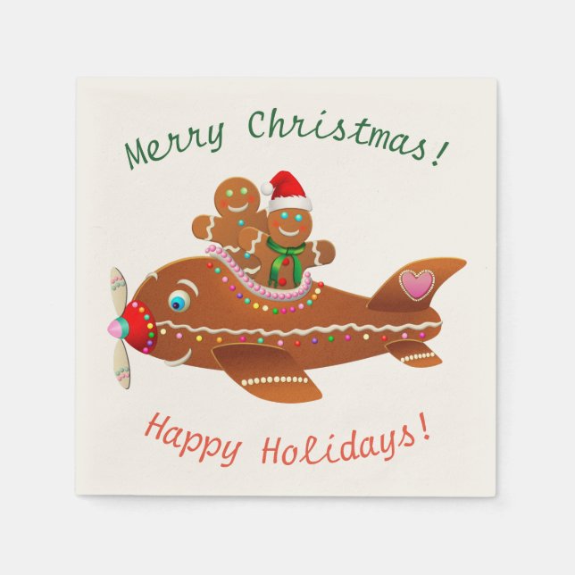 Gingerbread Xmas Aeroplane Cartoon Napkin (Front)