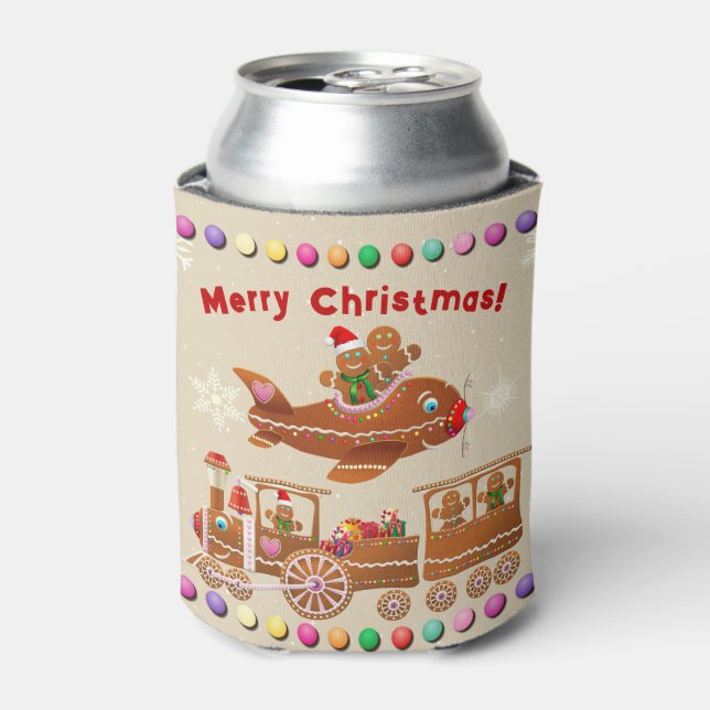 Gingerbread Xmas Train And Aeroplane Can Cooler (Can Front)