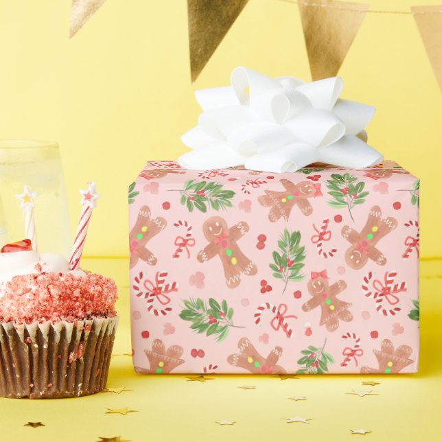 Gingerbreads and holly PINK Wrapping Paper (Birthday Party)
