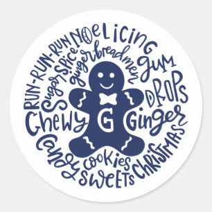 Gingerman Christmas Winter Candy Typography BLUE Classic Round Sticker