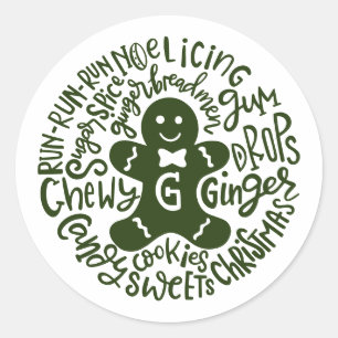 Gingerman Christmas Winter Candy Typography GREEN Classic Round Sticker