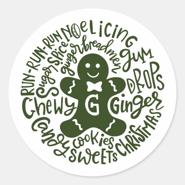 Gingerman Christmas Winter Candy Typography GREEN Classic Round Sticker (Front)