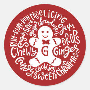 Gingerman Christmas Winter Candy Typography RED Classic Round Sticker